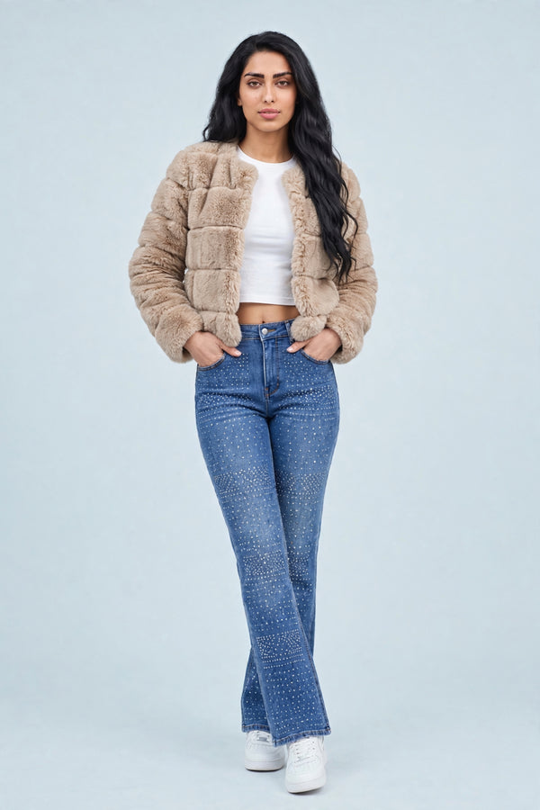 Beige Faux Fur Trimmed Cropped Jacket - Charlotte