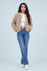 Beige Faux Fur Trimmed Cropped Jacket - Charlotte