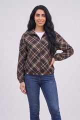 Brown Check Print Cropped Zipped Jacket - Ella