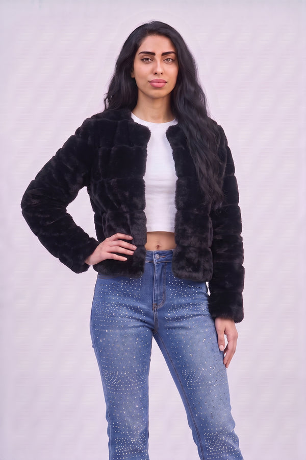 Black Faux Fur Trimmed Cropped Jacket - Charlotte