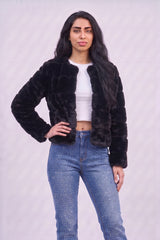 Black Faux Fur Trimmed Cropped Jacket - Charlotte