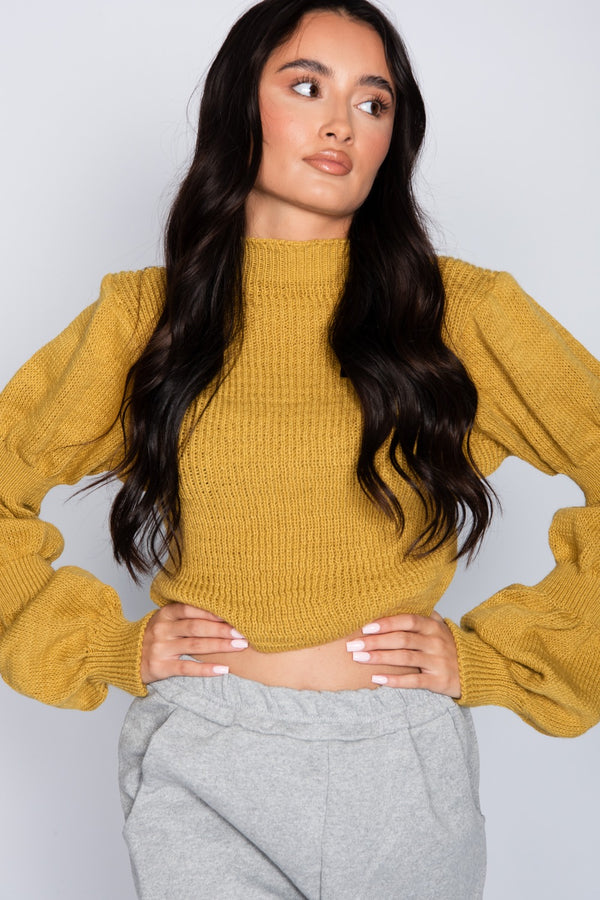 Mustard Puff Sleeve Cropped High Neck Jumper 