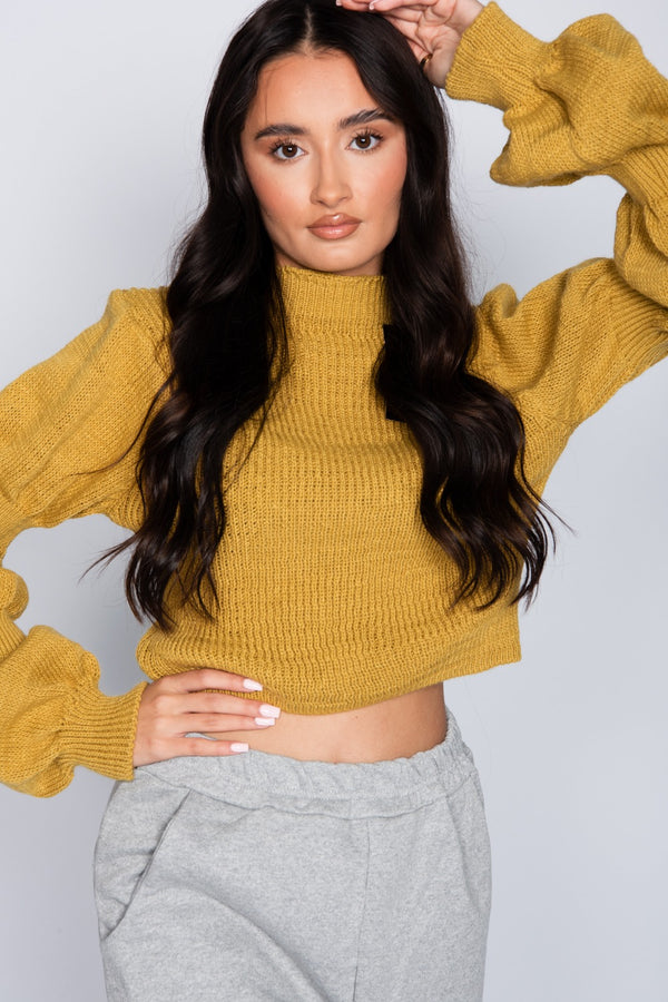 Mustard Puff Sleeve Cropped High Neck Jumper 