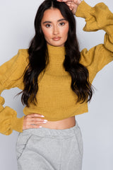 Mustard Puff Sleeve Cropped High Neck Jumper 