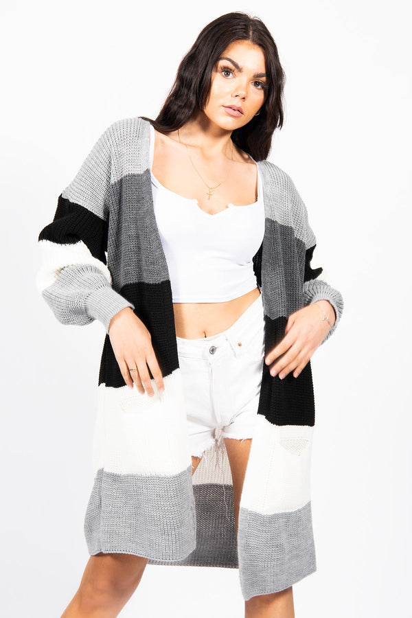 Grey Colour Block Longline Cardigan 
