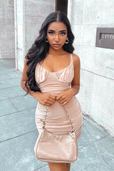 Beige Slinky Ruched Strappy Dress