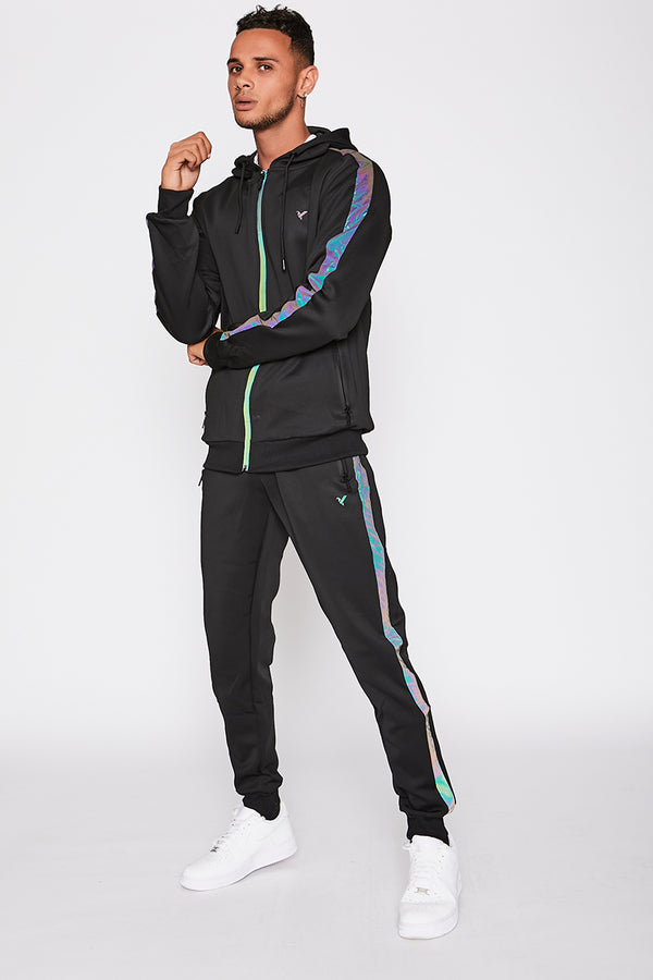 Black Contrast Reflective Panel Poly Skinny Tracksuit 