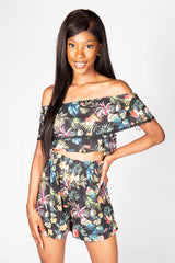 Black Floral Bardot Crop Top and Shorts Co-Ord Set 