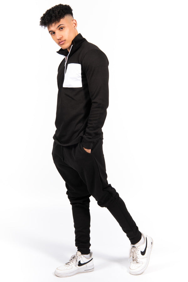Black Half Zip Contrast Pockets Skinny Fit Tracksuit