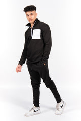 Black Half Zip Contrast Pockets Skinny Fit Tracksuit
