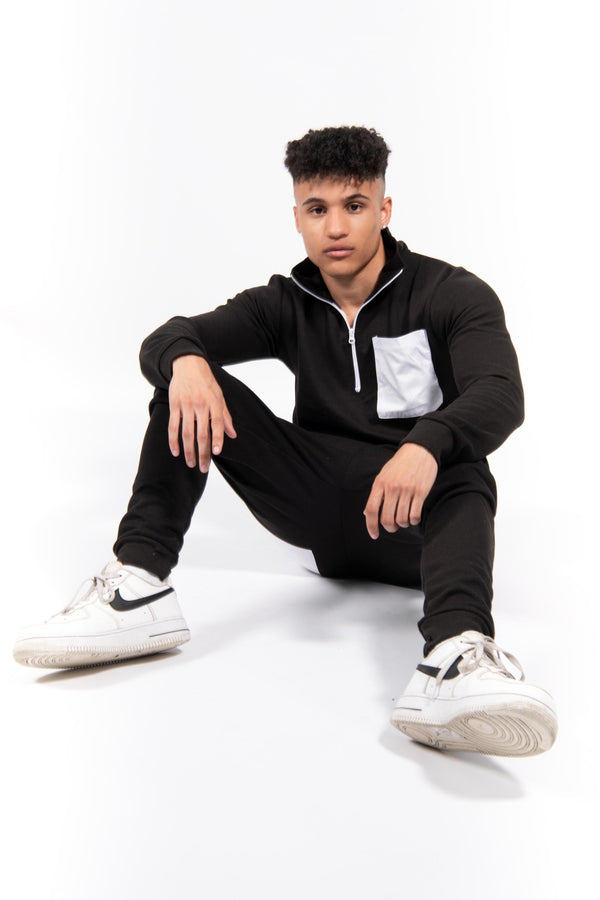 Black Half Zip Contrast Pockets Skinny Fit Tracksuit