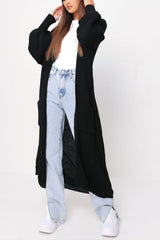 Black Longline Balloon Sleeve Knitted Cardigan