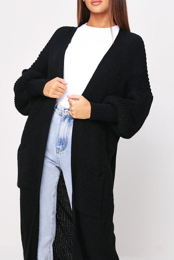 Black Longline Balloon Sleeve Knitted Cardigan