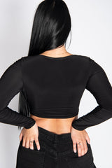 Black Slinky Double Knot Front Long Sleeve Crop Top 