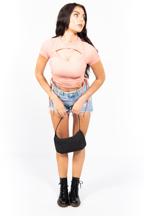 Blush Cut Out Front Ruched Ribbed Top