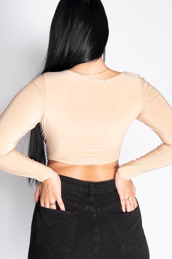 BEIGE SLINKY DOUBLE KNOT FRONT LONG SLEEVE CROP TOP