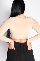 BEIGE SLINKY DOUBLE KNOT FRONT LONG SLEEVE CROP TOP