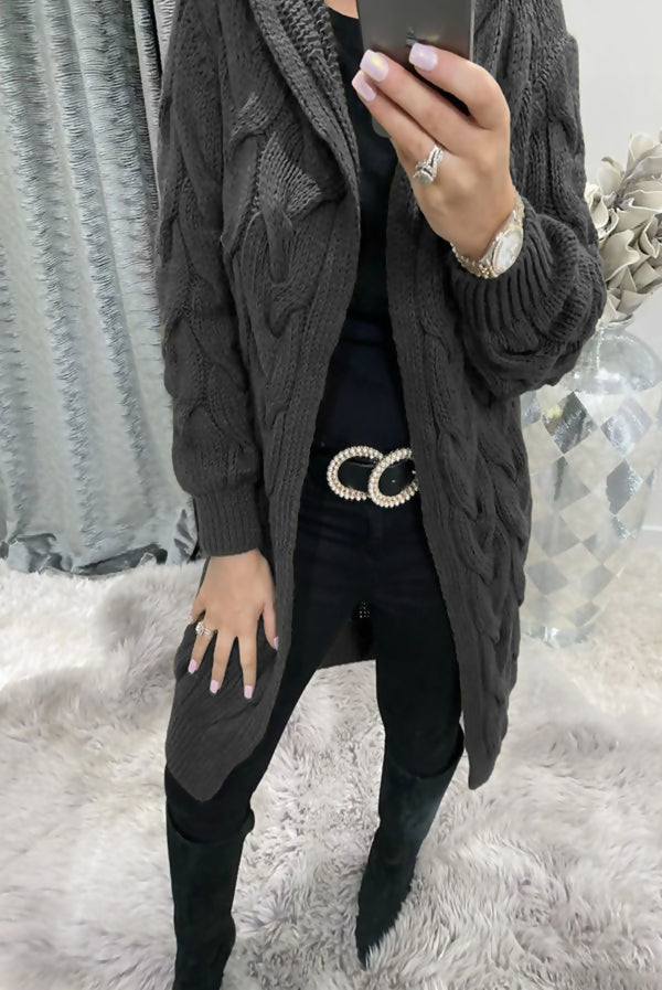 Charcoal Cable Knit Hooded Cardigan