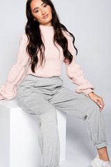 Dusky Pink Puff Sleeve Cropped High Neck Jumper
