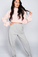 Dusky Pink Puff Sleeve Cropped High Neck Jumper