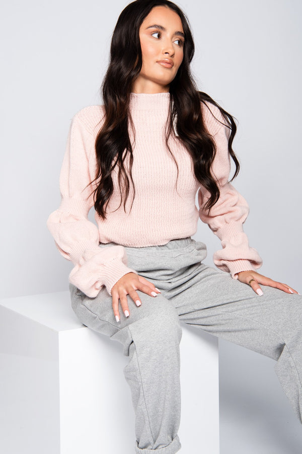 Dusky Pink Puff Sleeve Cropped High Neck Jumper