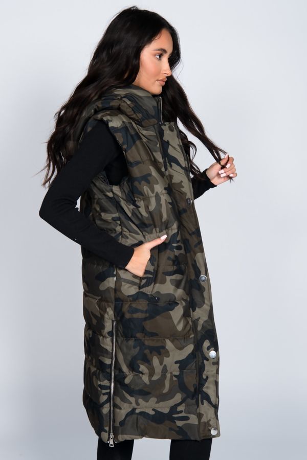 Khaki Camo Longline Hooded Puffer Gilet