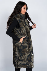 Khaki Camo Longline Hooded Puffer Gilet