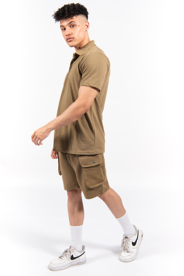 Khaki Pique Polo and Cargo Short Set 