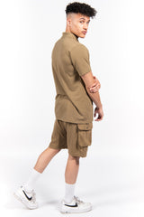 Khaki Pique Polo and Cargo Short Set 
