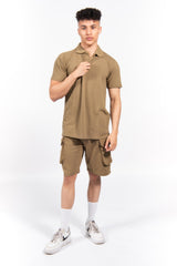 Khaki Pique Polo and Cargo Short Set 