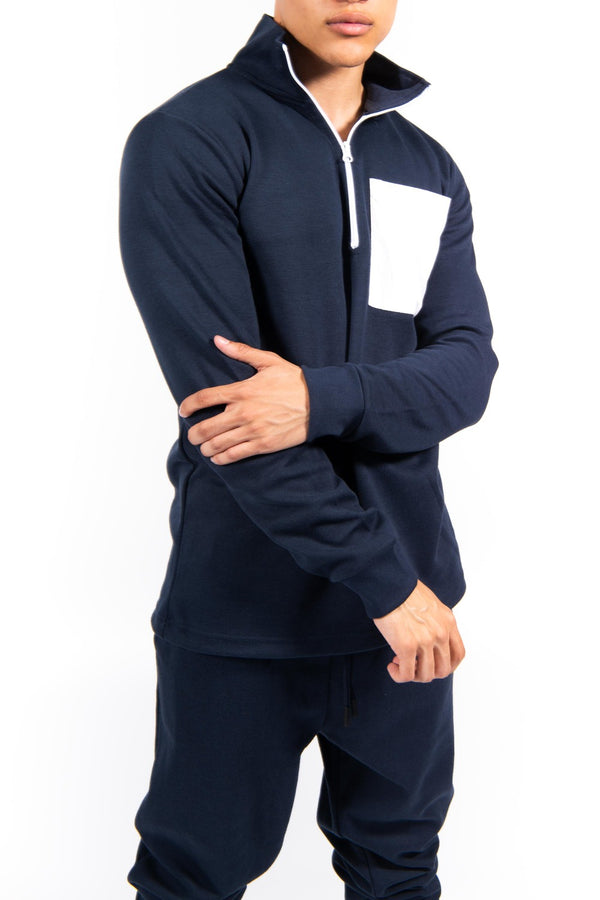 Navy Half Zip Contrast Pockets Skinny Fit Tracksuit 
