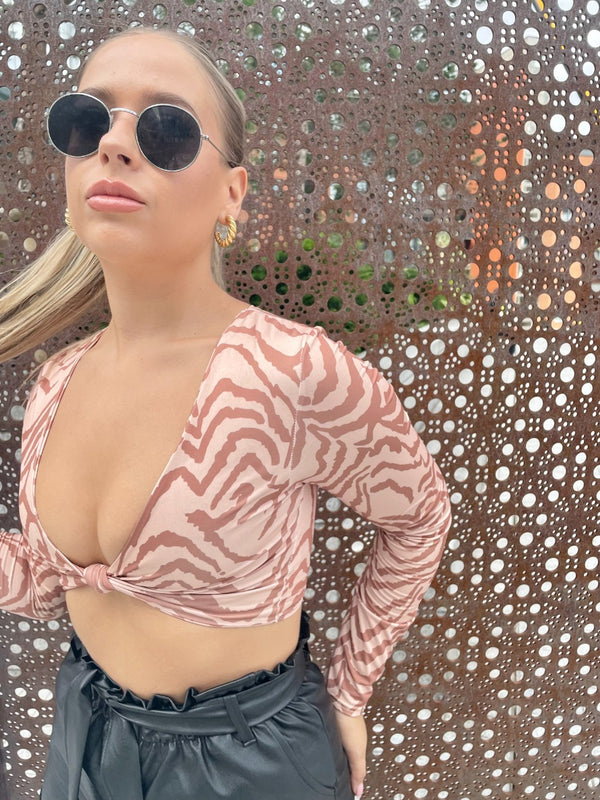 Stone Zebra Print Slinky Twist Knot Crop Top 