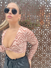 Stone Zebra Print Slinky Twist Knot Crop Top 