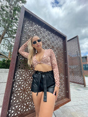 Stone Zebra Print Slinky Twist Knot Crop Top 