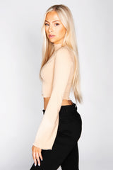 Stone Ribbed Lettuce Trim Flare Sleeve Top 
