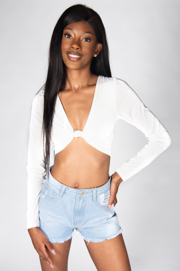 White Slinky Twist Front Long Sleeve Crop Top