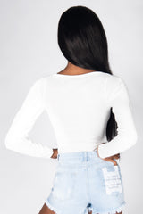 White Slinky Twist Front Long Sleeve Crop Top