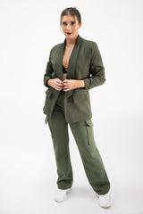 Khaki Ruched Sleeve Blazer