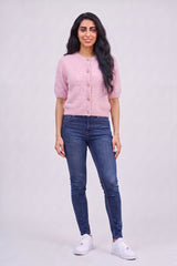 Pink Short Sleeve Button Up Knitted Cardigan - Sophia