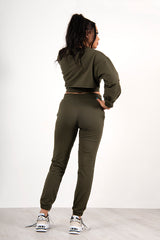 Khaki Love Me harder Slogan Crop Top 3 Piece Tracksuit