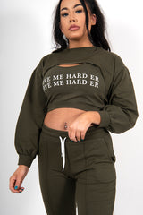 Khaki Love Me harder Slogan Crop Top 3 Piece Tracksuit