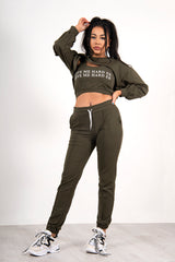 Khaki Love Me harder Slogan Crop Top 3 Piece Tracksuit