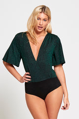 Khaki Extreme Plunge Glitter Bodysuit