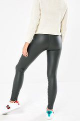 Khaki High Waisted Faux Leather Biker Leggings