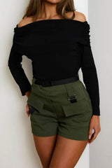 Khaki High Waisted Pocket Detail Shorts With Black Belt