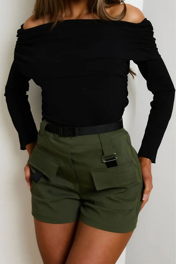  Khaki High Waisted Pocket Detail Shorts With Black Belt