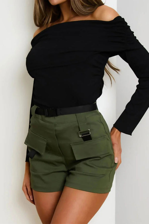  Khaki High Waisted Pocket Detail Shorts With Black Belt