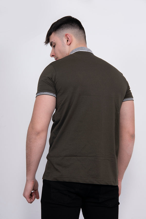 Mens Khaki Contrast Trim Short Sleve Polo Shirt