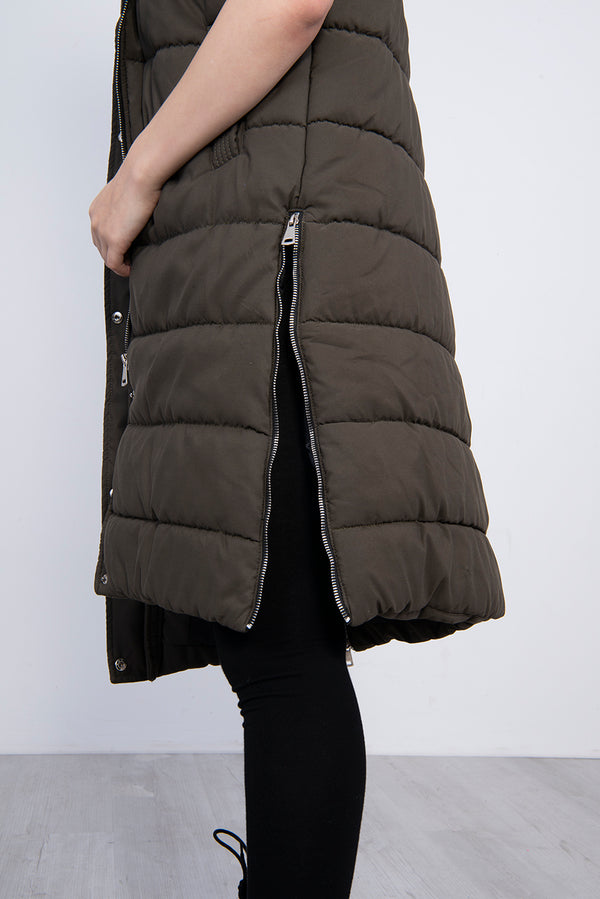 Khaki Longline Hooded Puffer Gilet