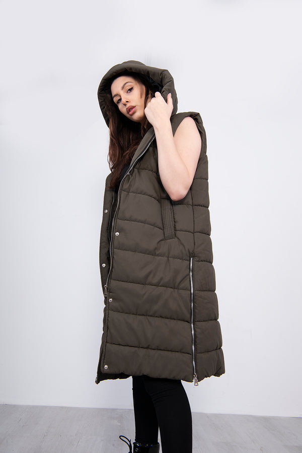 Khaki Longline Hooded Puffer Gilet